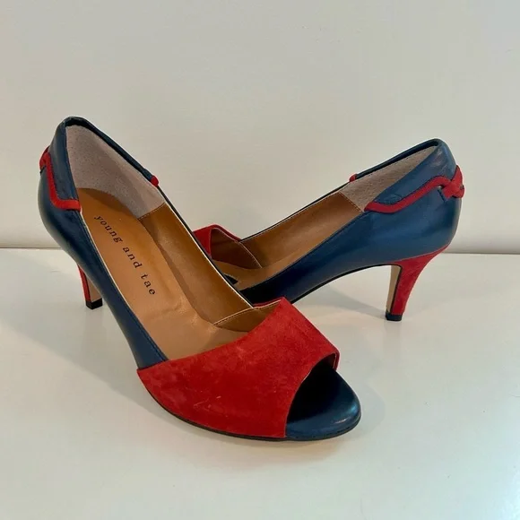 Young and Tae Blue & Red Peel Toe Heels - Picture 2 of 6